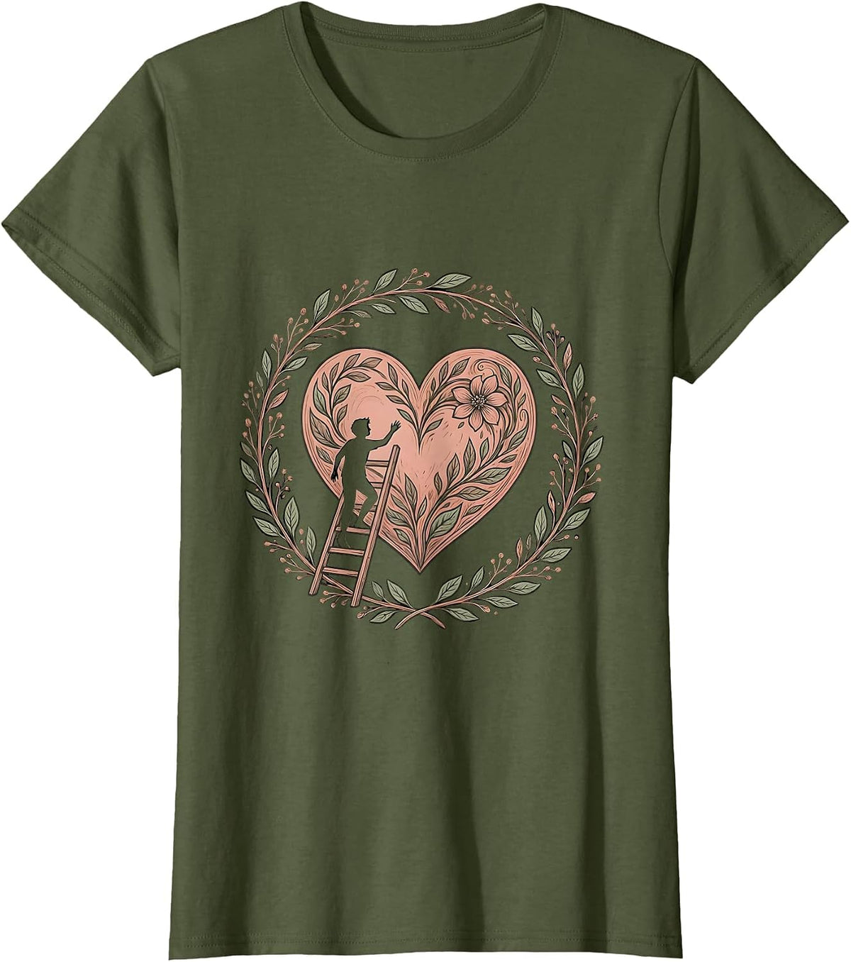Women's I Love Me Ladder Climbing Heart Graphic T-Shirt - Olive Green