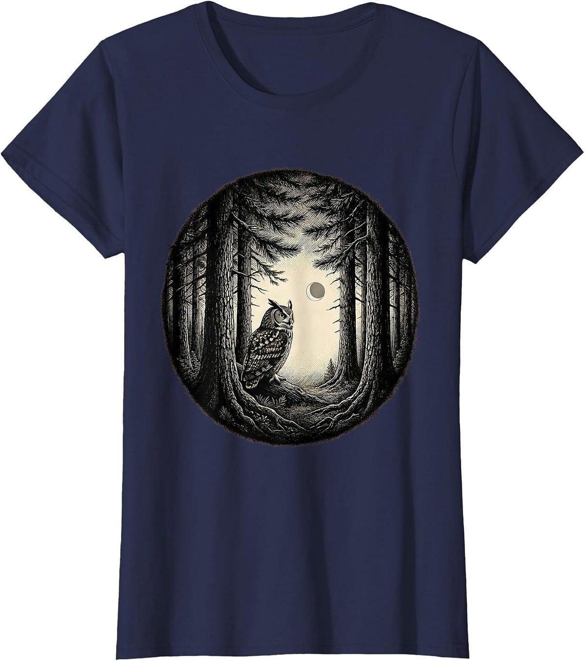 Women's Owl Woodland Silhouette Nature Reflection Forest T-Shirt - Navy Blue