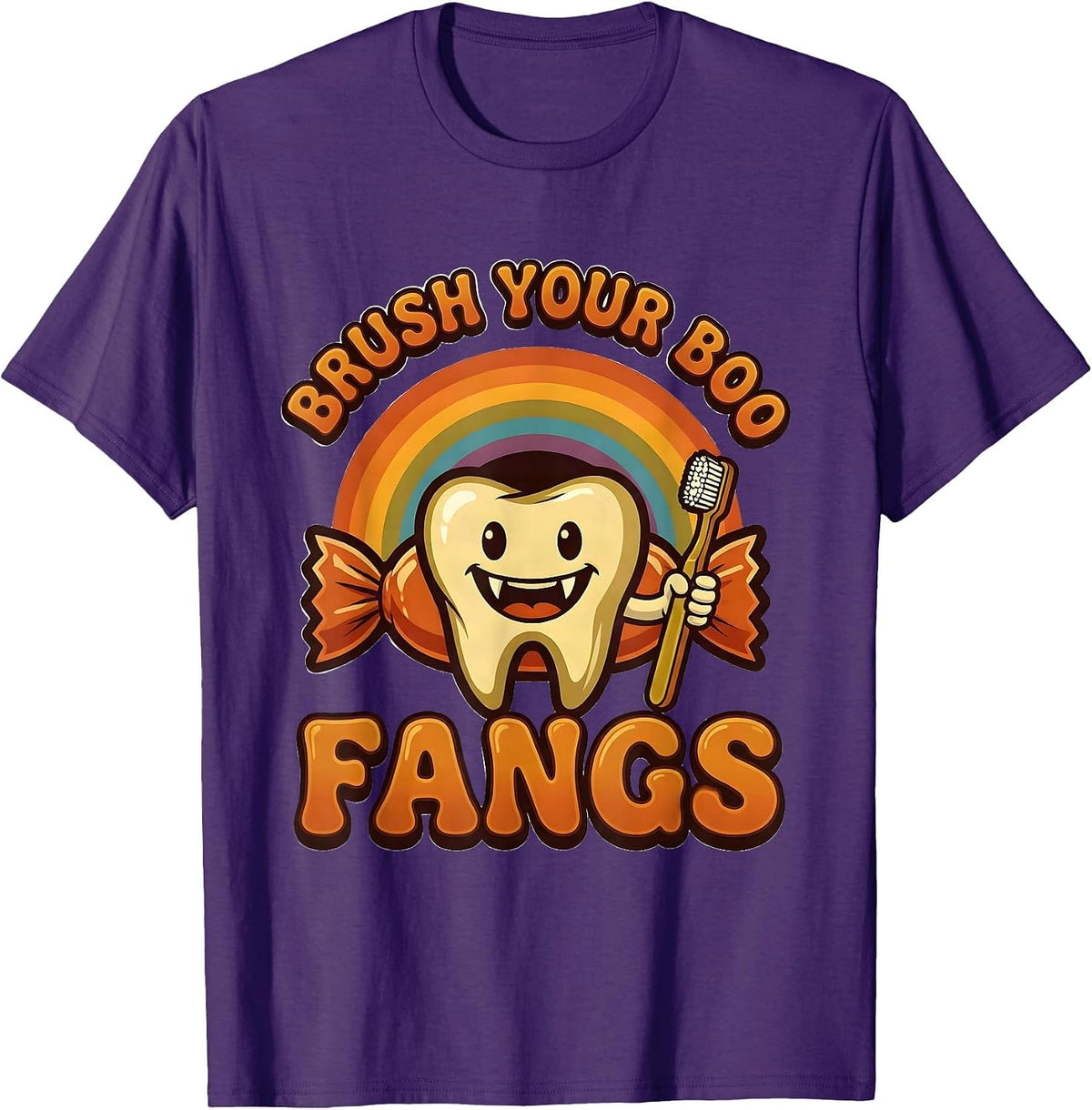 Brush Your Boo Fangs Retro 70s Dental Halloween Dentist Pun T-Shirt - Purple