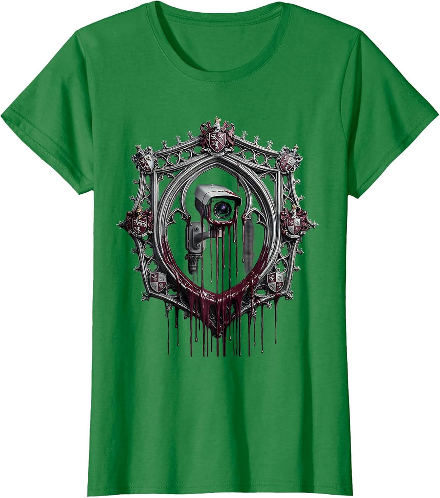 Women's Dripping Paint Surveillance Camera Punk Art T-Shirt - Kelly Green