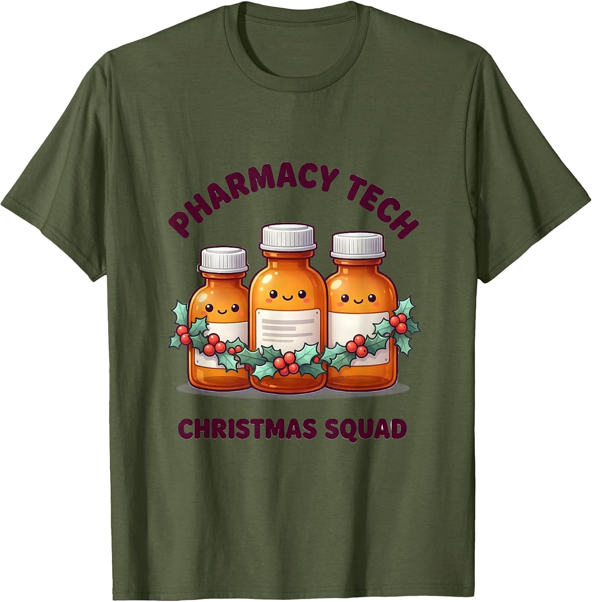 Men's Pharmacy Tech Christmas Squad Cute Kawaii Holiday Team T-Shirt - Olive Green