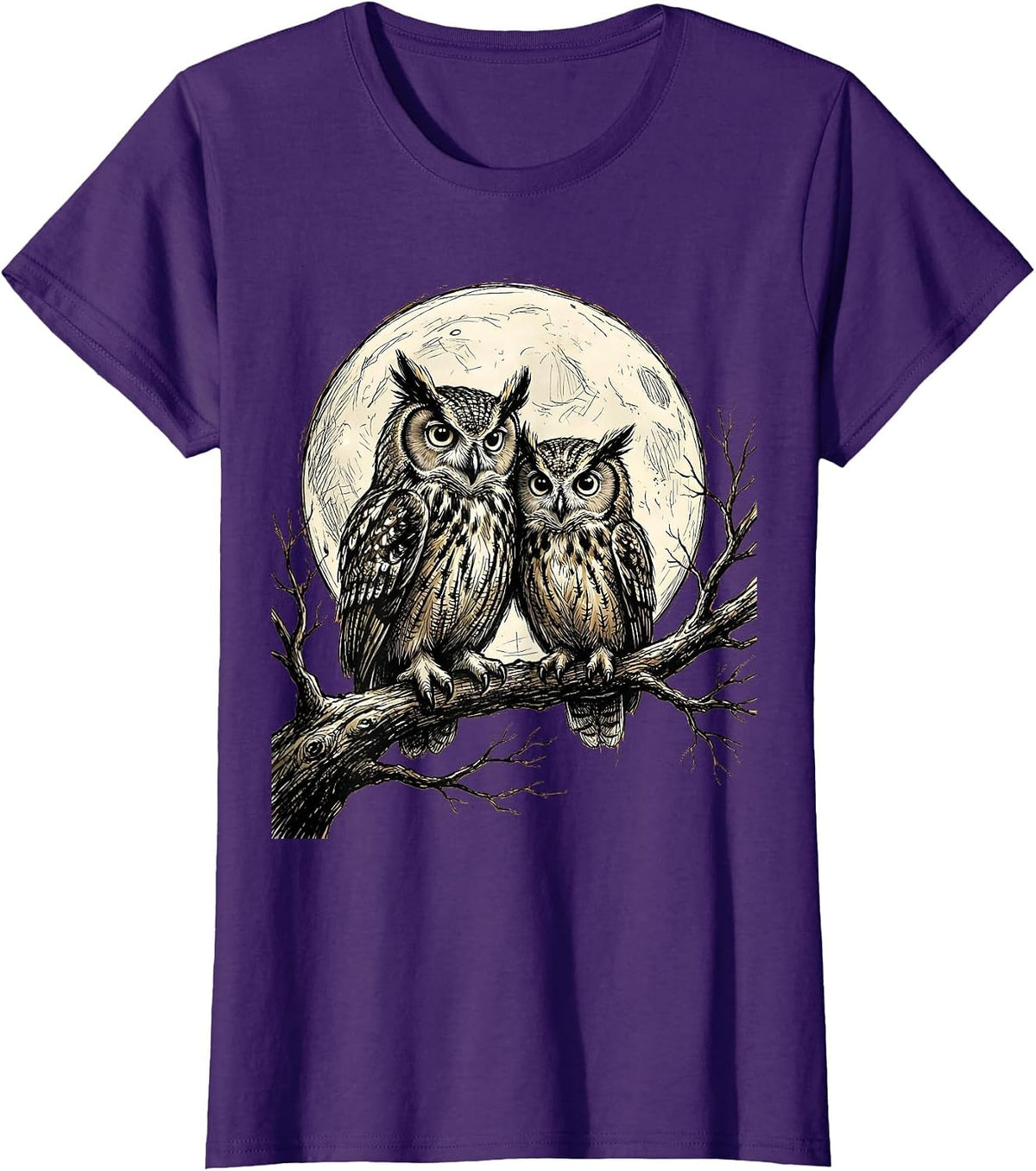 Women's Owl Couple Moonlit Branch Mom and Dad Gift T-Shirt - Purple
