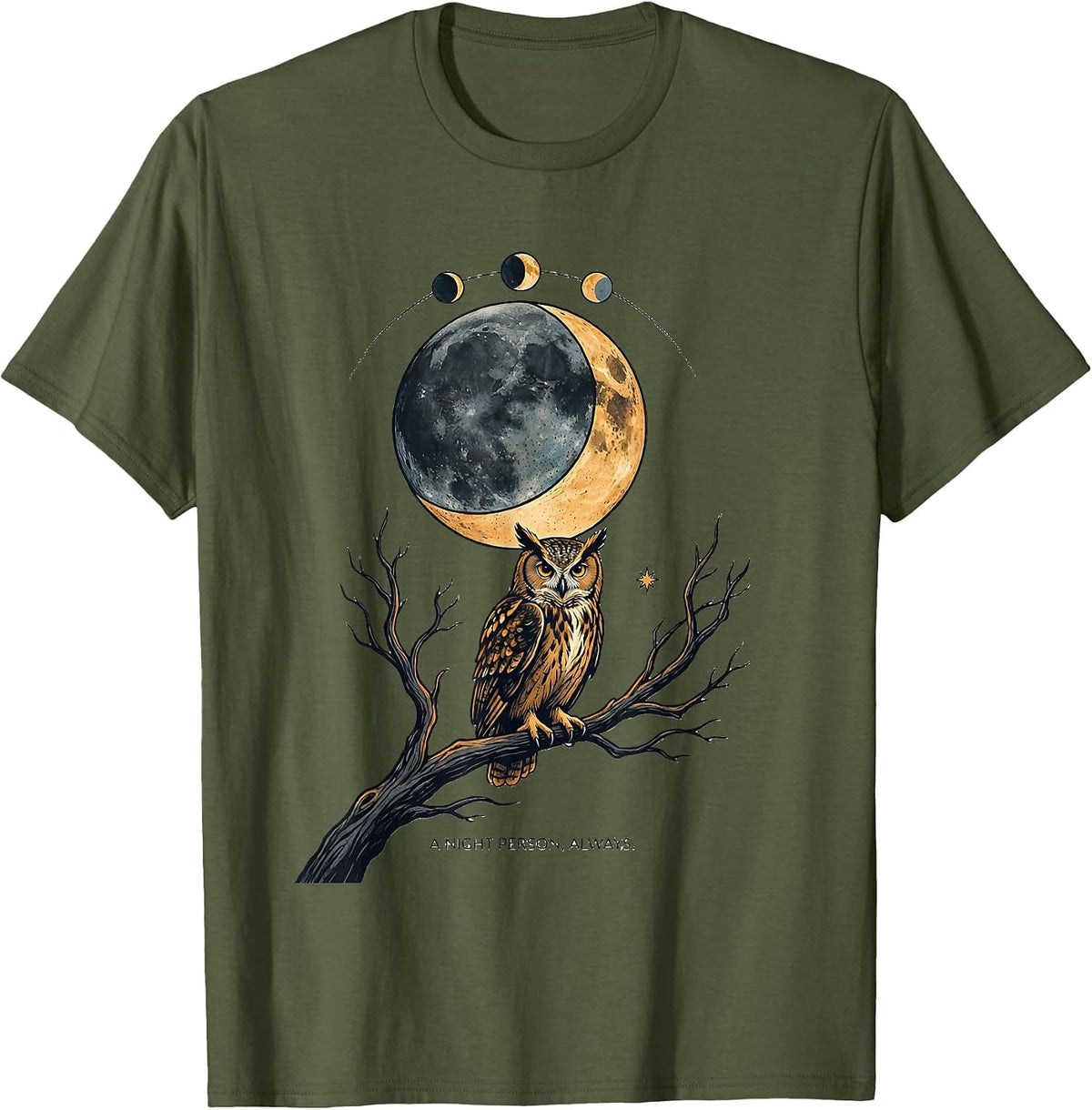 A Night Person, Always Whimsical Boho Moon Phase Owl T-Shirt - Olive Green