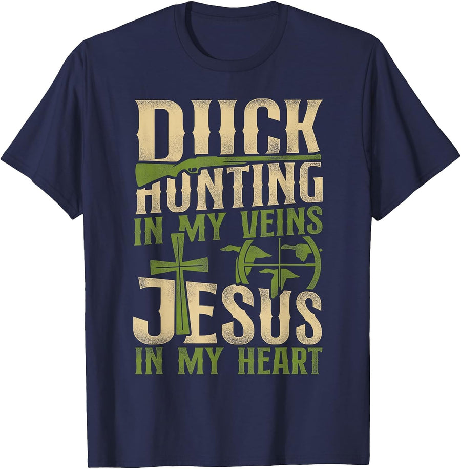 Duck Hunting Hunter Jesus Faith Christian Vintage Duck T-Shirt - Navy Blue