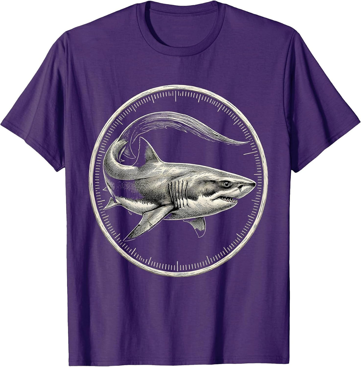 Men's Thresher Shark Engraved Badge Vintage Ocean Animal Humor T-Shirt - Purple