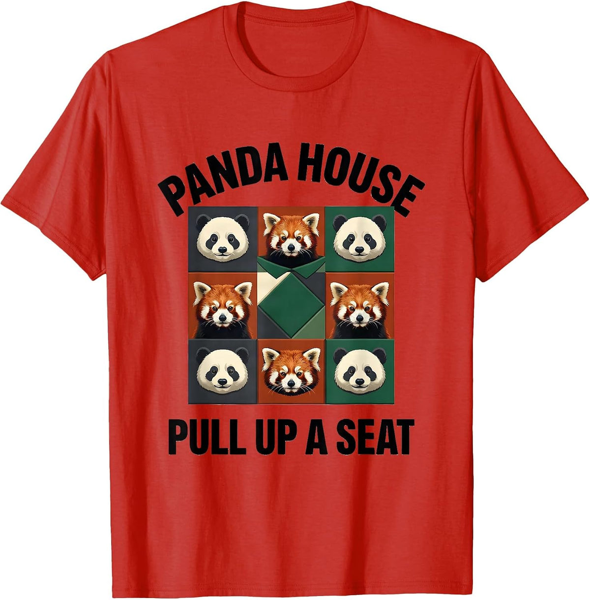 Men's Panda House Pull Up A Seat Funny Animal Lover Novelty T-Shirt - Red