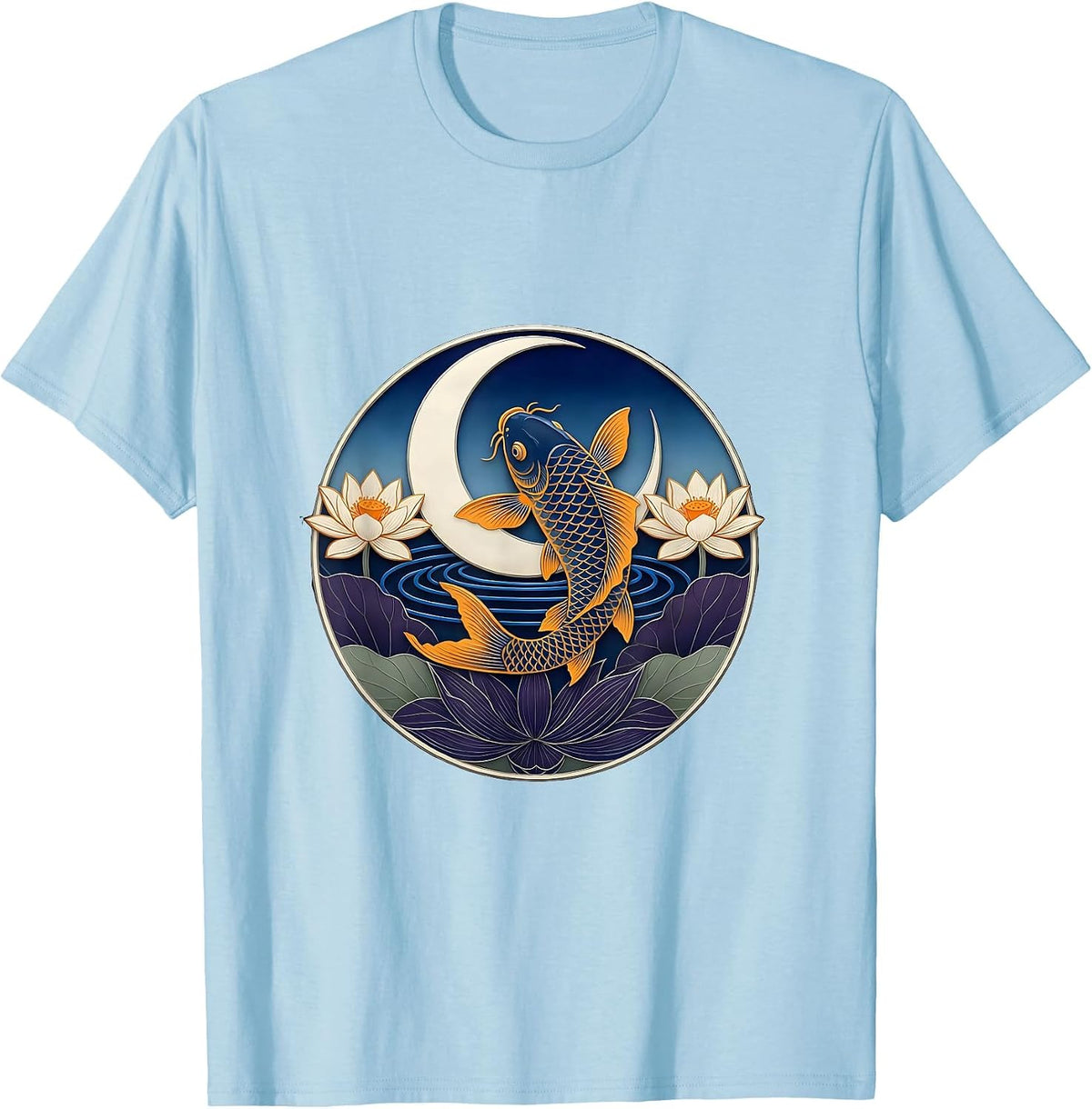 Men's Sealed Crescent Koi Ukiyo-e Boho Mystical Nature T-Shirt - Baby Blue