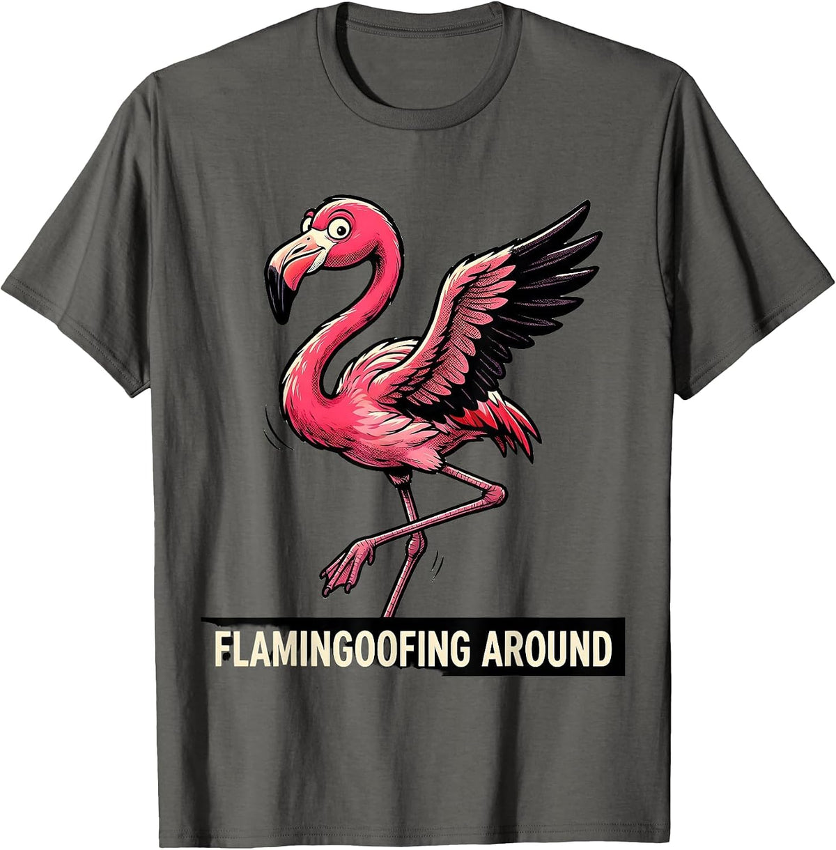 Men's Flamingoofing Around Retro Cartoon Flamingo Novelty Humor T-Shirt - Asphalt Grey
