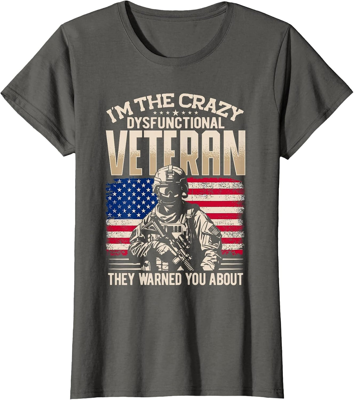 Dysfunctional Veteran, Soldier Patriotic US Flag Military T-Shirt - Asphalt Grey