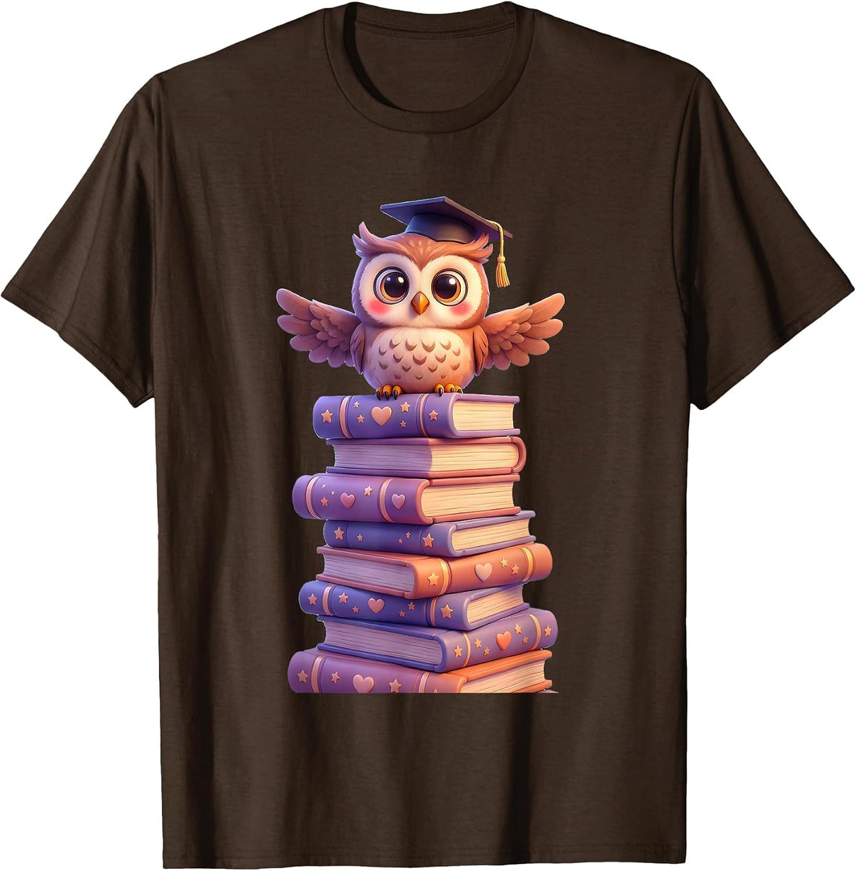Wise Owl on Stacked Books Illustration T-Shirt - Brown