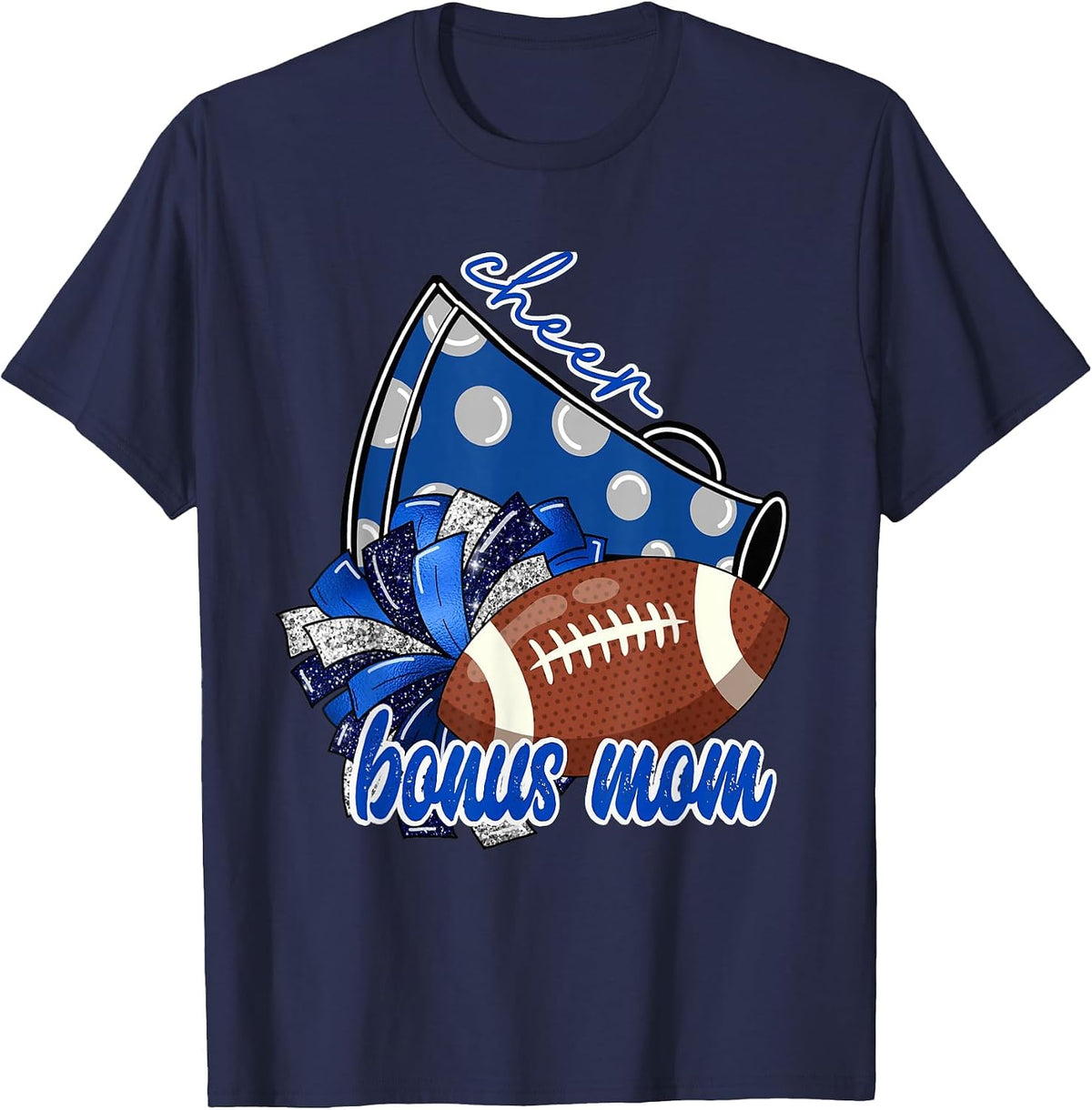 Cute Cheer Bonus Mom Graphic Tee Trendy Megaphone Football T-Shirt - Navy Blue
