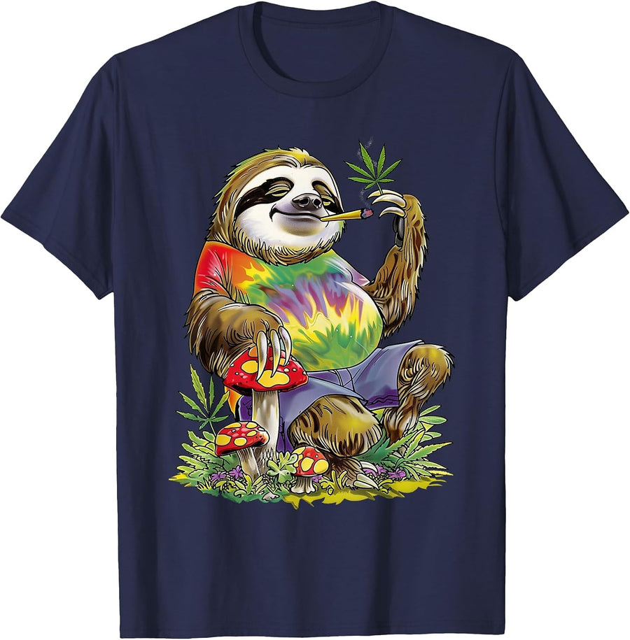 Sloth Smoking Weed Pot Marijuana Cannabis 420 T-Shirt - Navy Blue