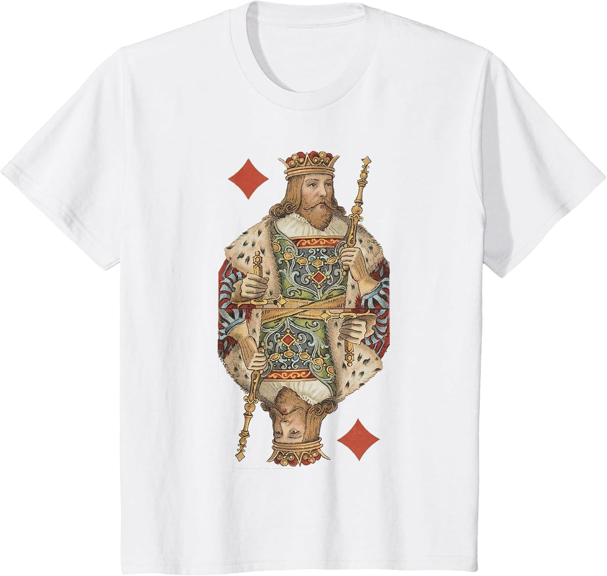 King of Diamonds Antique Art Nouveau Playing Card Art T-Shirt, Youth, White, Large - As Pictured
