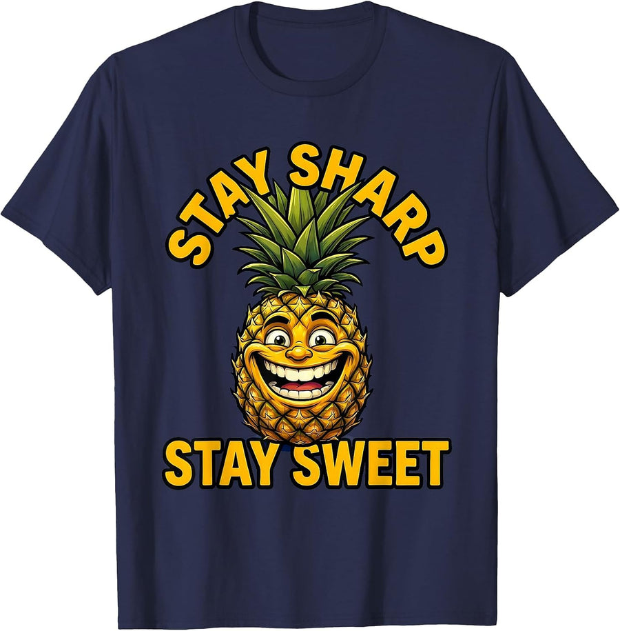 Stay Sharp Stay Sweet Pineapple Graphic Design T-Shirt - Navy Blue