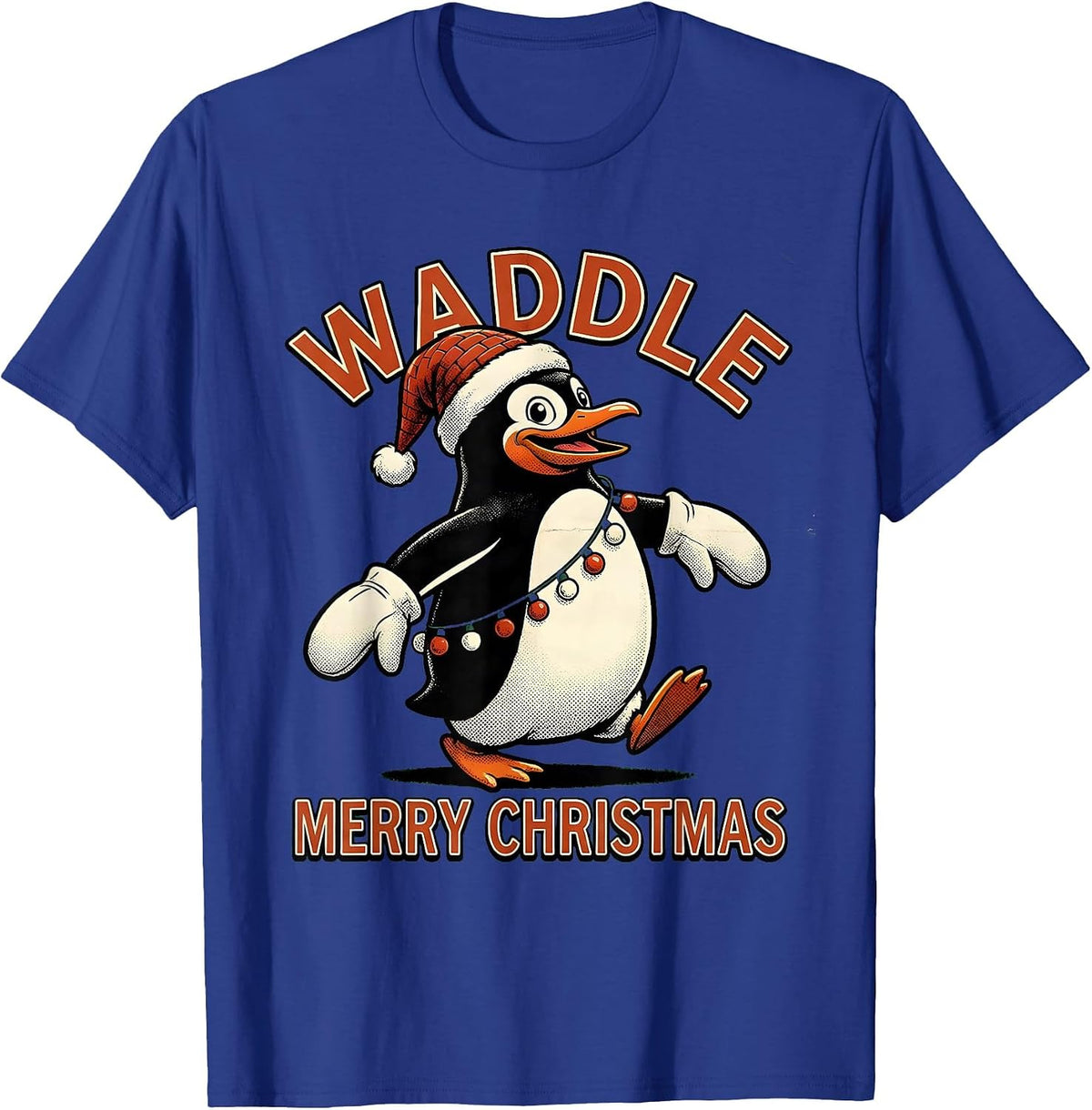 Waddle Merry Christmas Retro Cartoon Penguin Santa Hat T-Shirt - Royal Blue
