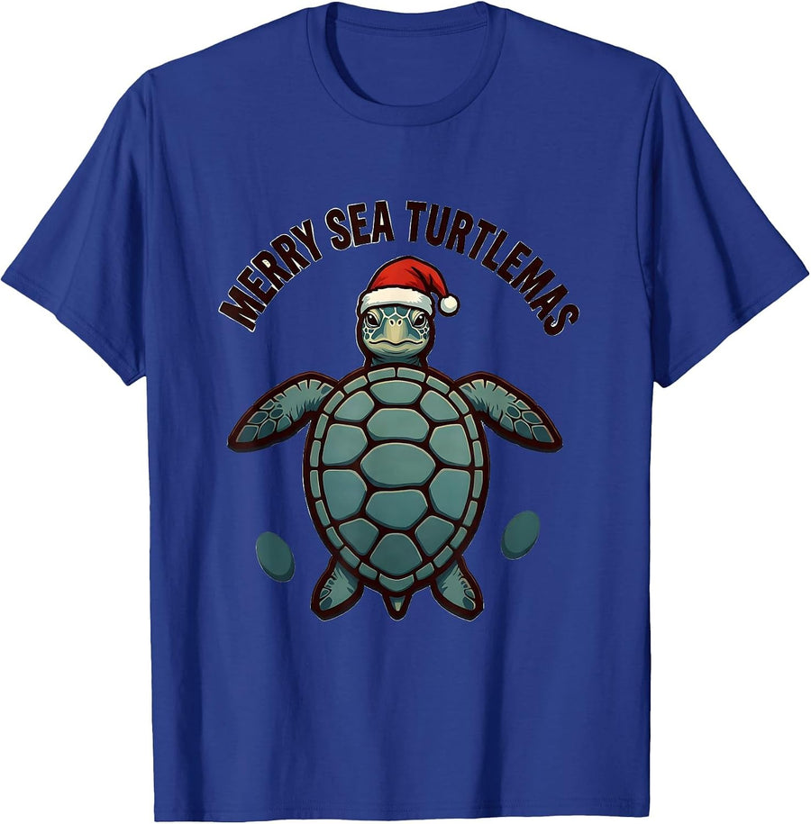 Merry Sea Turtlemas Wood Type Letterpress Sea Turtle Lover T-Shirt - Royal Blue