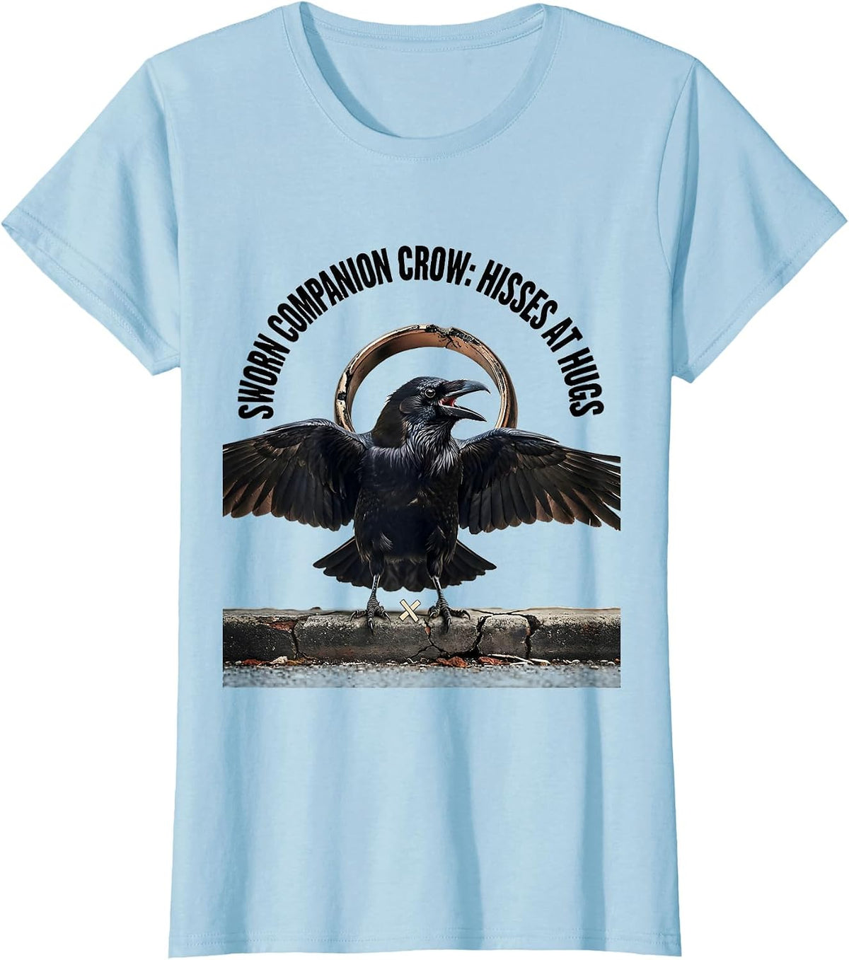 Women's Sworn Companion Crow Hisses At Hugs Funny Bird Lover Gothic T-Shirt - Baby Blue