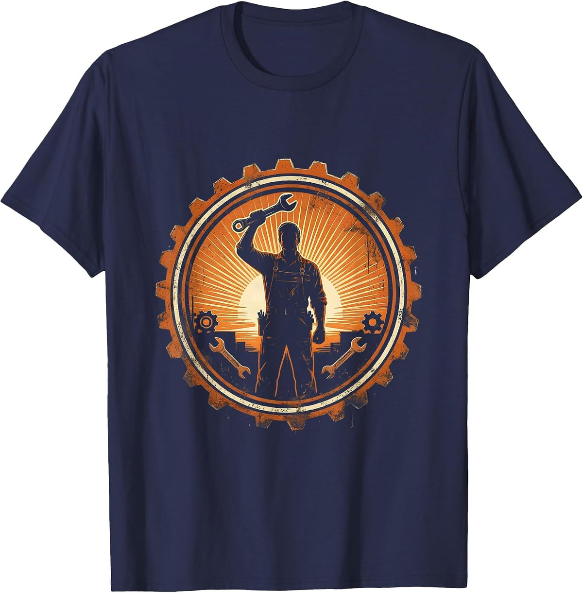 Mechanic Silhouette Garage Sunset Graphic T-Shirt - Navy Blue