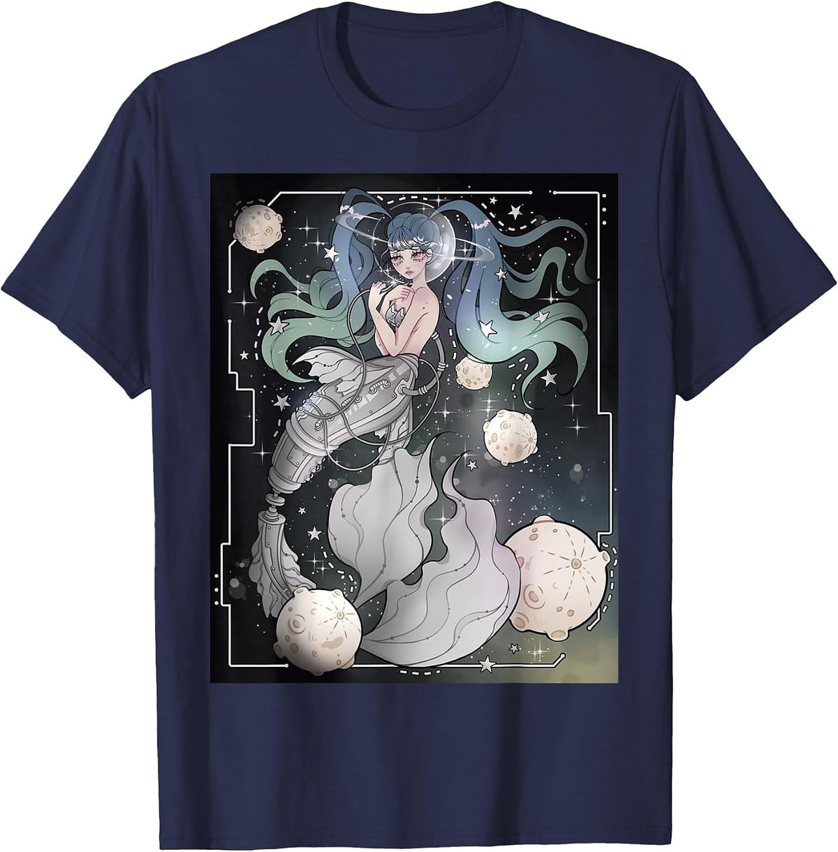 Steampunk Cyberpunk Graphic Mermaid in Space T-Shirt - Navy Blue