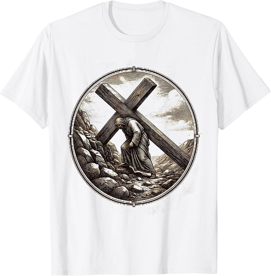 Men's Jesus Carrying Cross Up Rocky Path Illustration T-Shirt - White