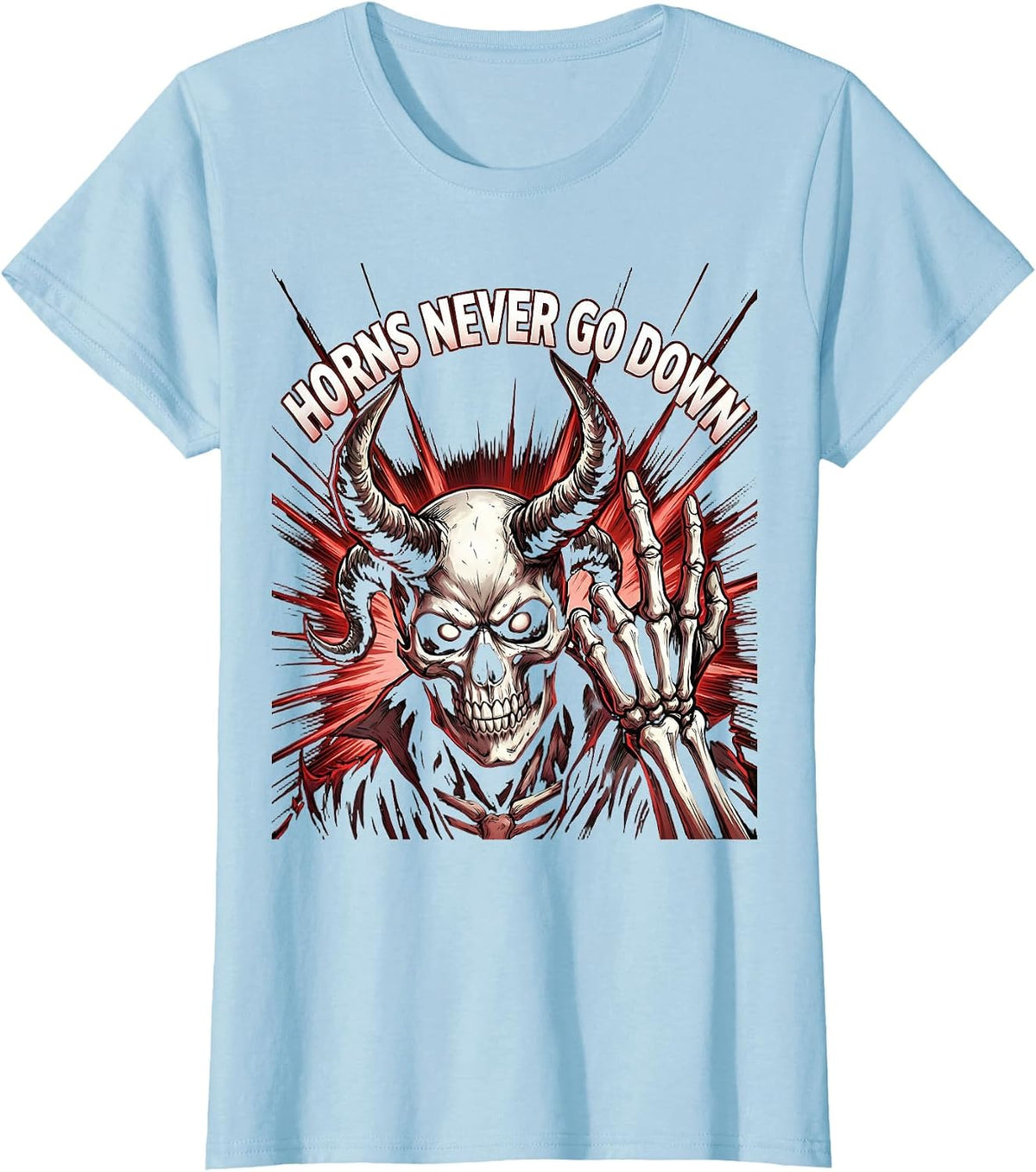 Horns Never Go Down Heavy Metal Music Design T-Shirt - Baby Blue
