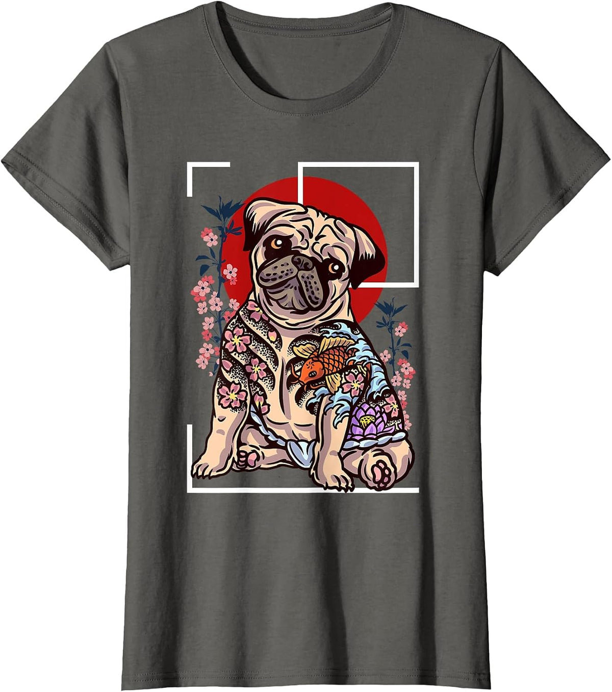 Japanese Tattoo Pug Dog Lover of Pug Yakuza Style Koi Fish T-Shirt - Asphalt Grey
