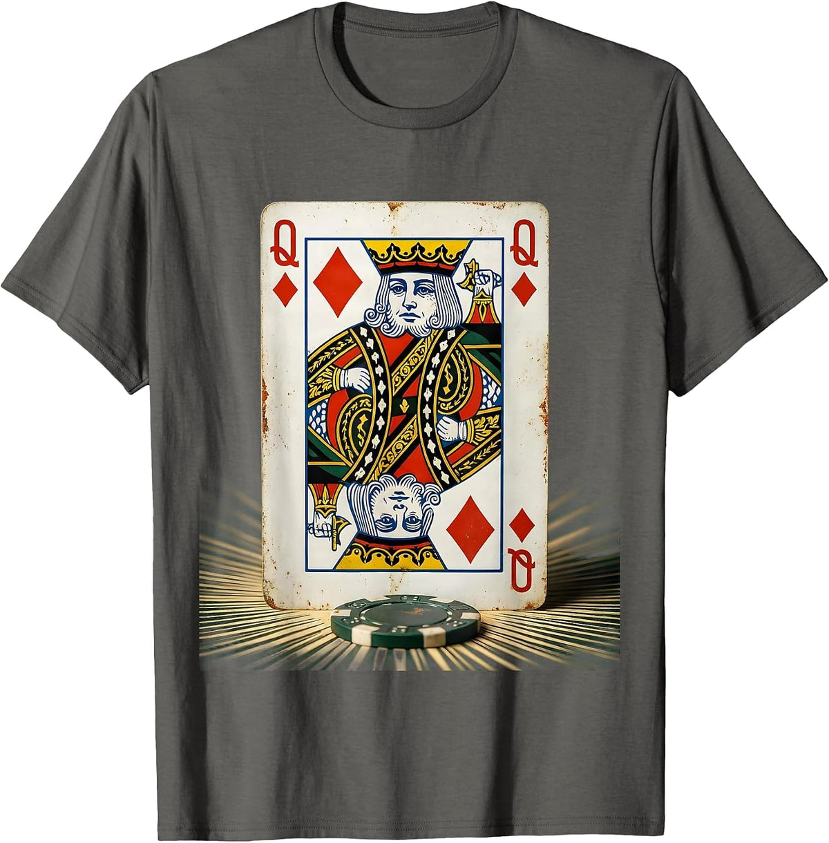 Men's Queen of Diamonds Vintage Casino Gambler Humor T-Shirt - Asphalt Grey