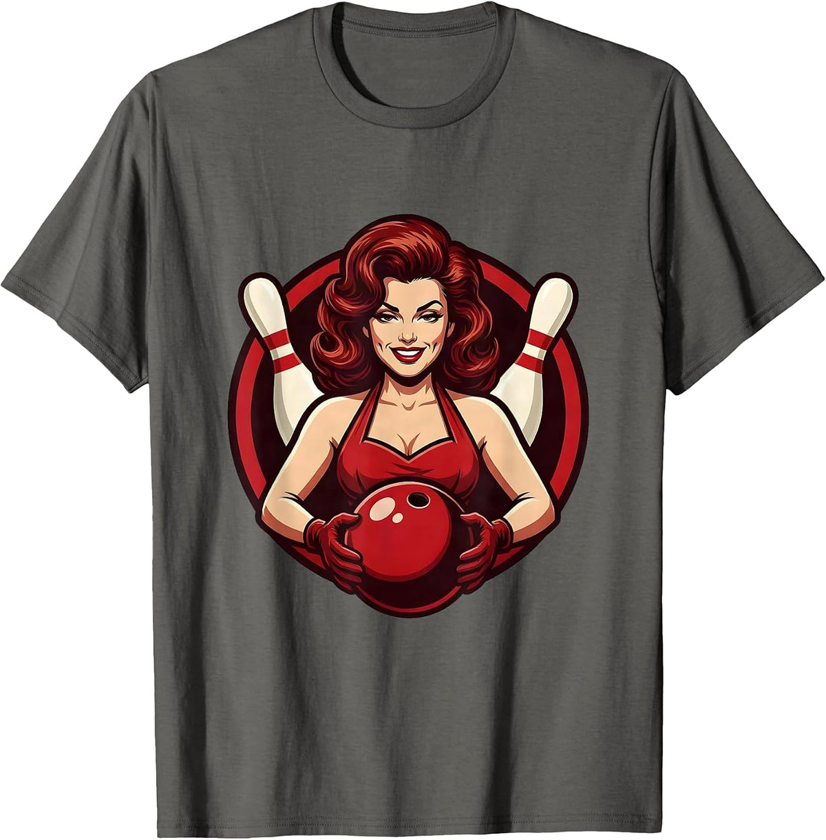 Men's Retro Pin-Up Bowling Illustration Design T-Shirt - Asphalt Grey