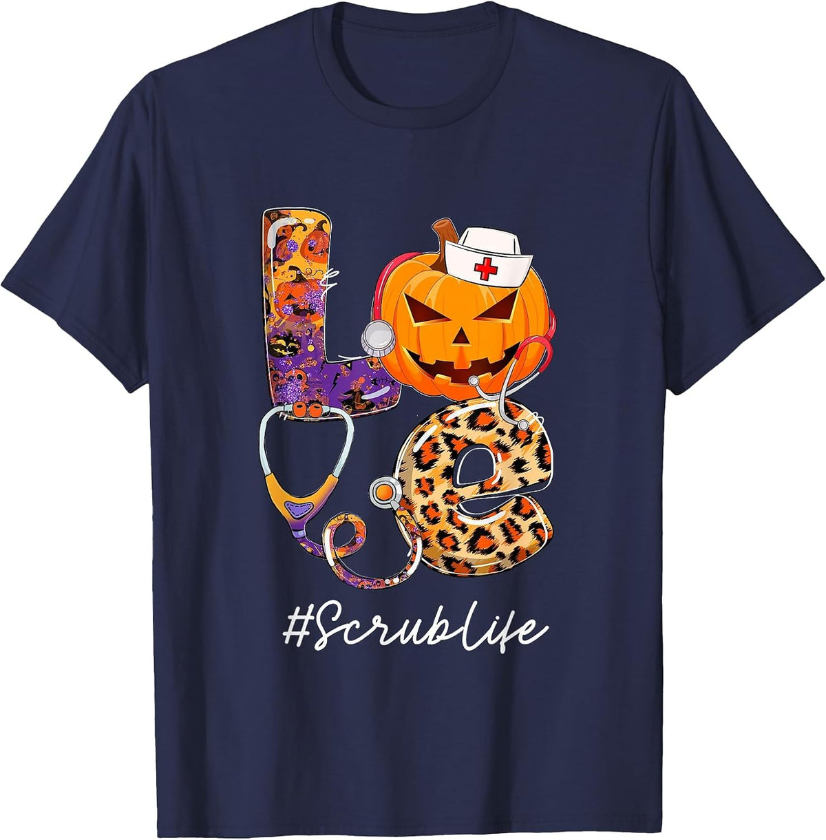 Love Scrub Life Pumpkin Stethoscope Halloween Costume T-Shirt - Navy Blue