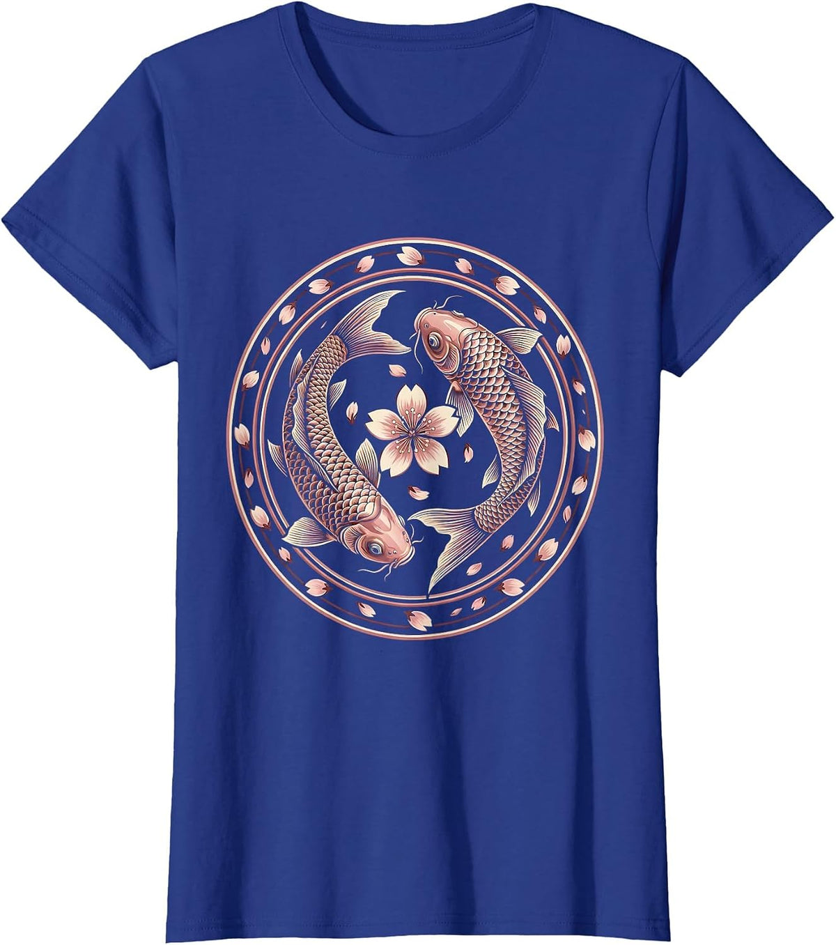 Women's Koi Fish Pink Cherry Blossom Breast Cancer Awareness T-Shirt - Royal Blue