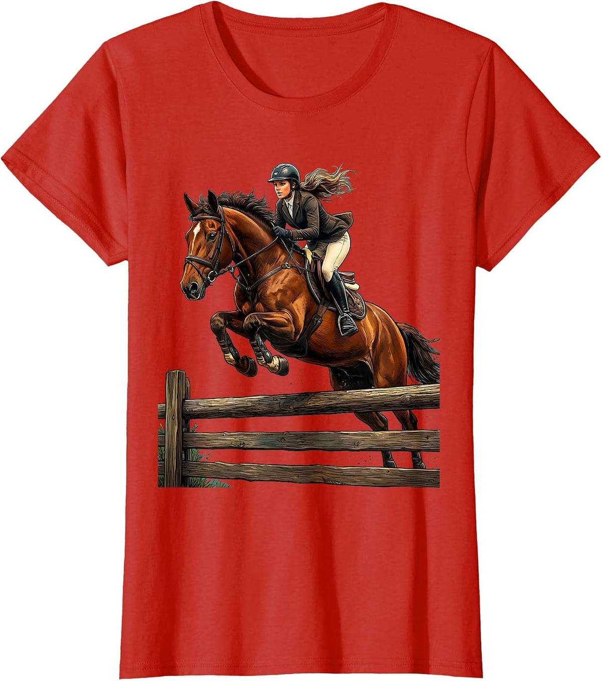 Horse Rider Jumping Fence Equestrian Graphic T-Shirt - Red