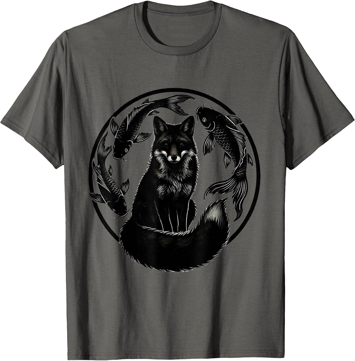 Fox and Koi Fish Nature Art Graphic Design T-Shirt - Asphalt Grey