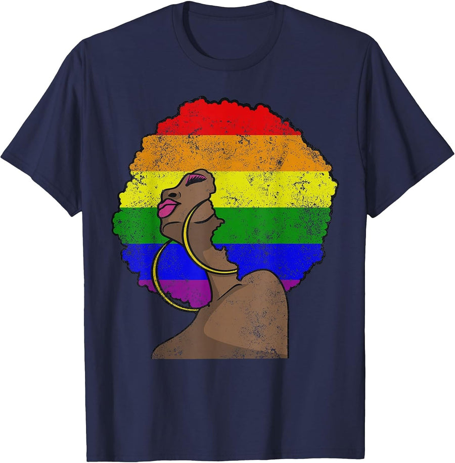 LGBTQ Black Afro Women Lesbian Homosexual Bi Pride T-Shirt - Navy Blue