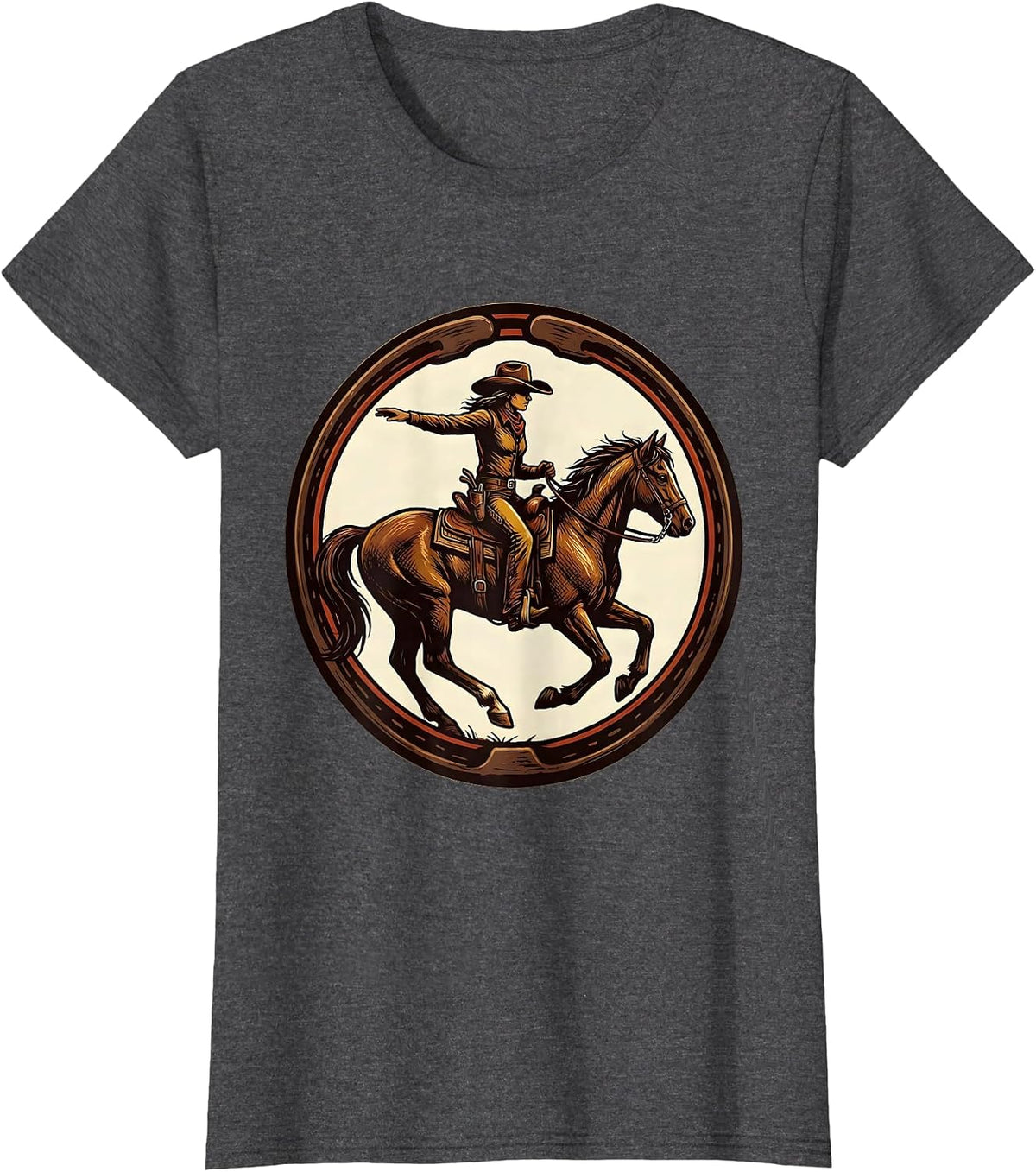 Women's Cowgirl Shooing Badge Western Rodeo Pride T-Shirt - Dark Heather Grey