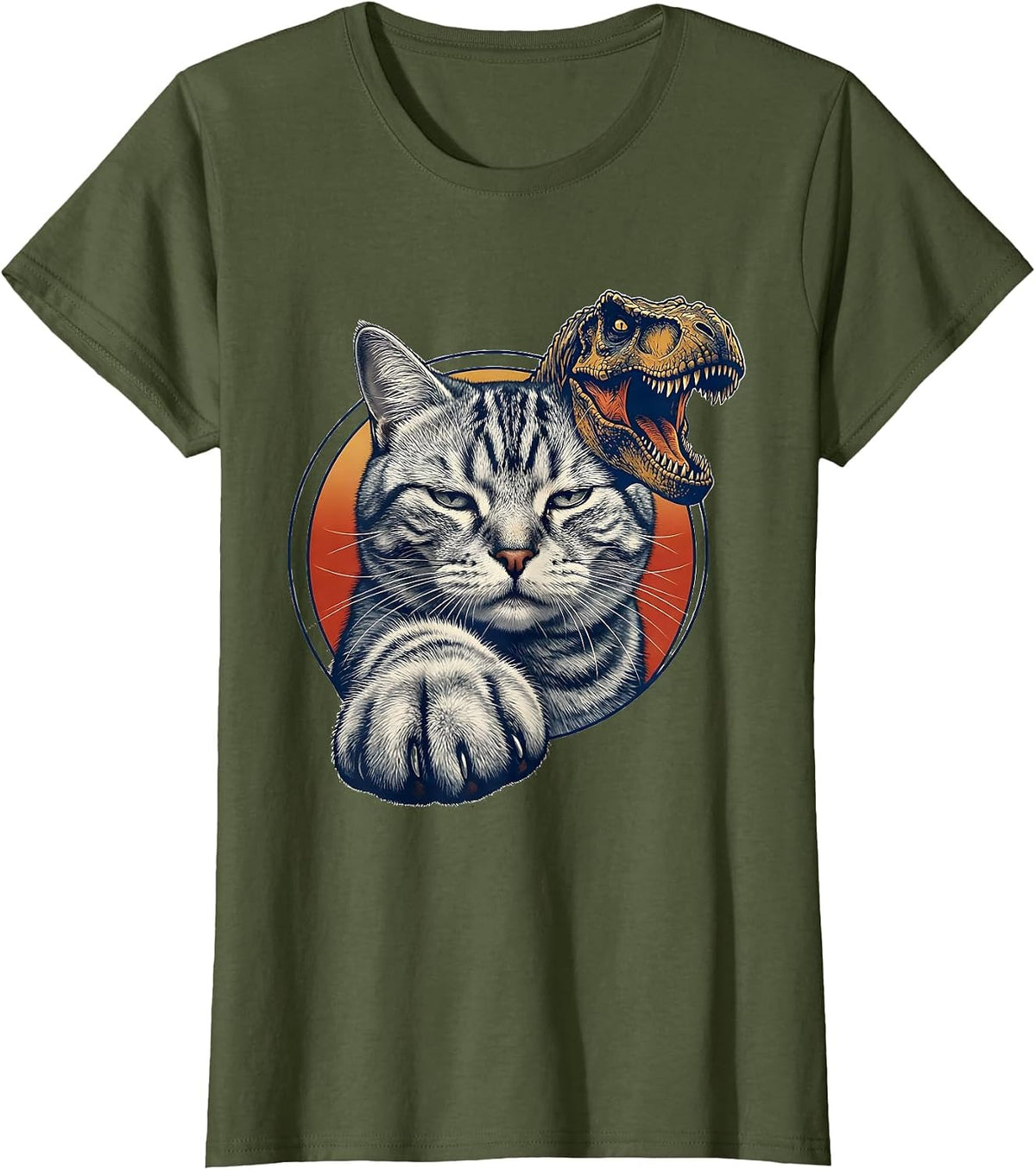 Women's Cropped Silver Tabby Cat Face Funny T-Rex Dinosaur Meme T-Shirt - Olive Green