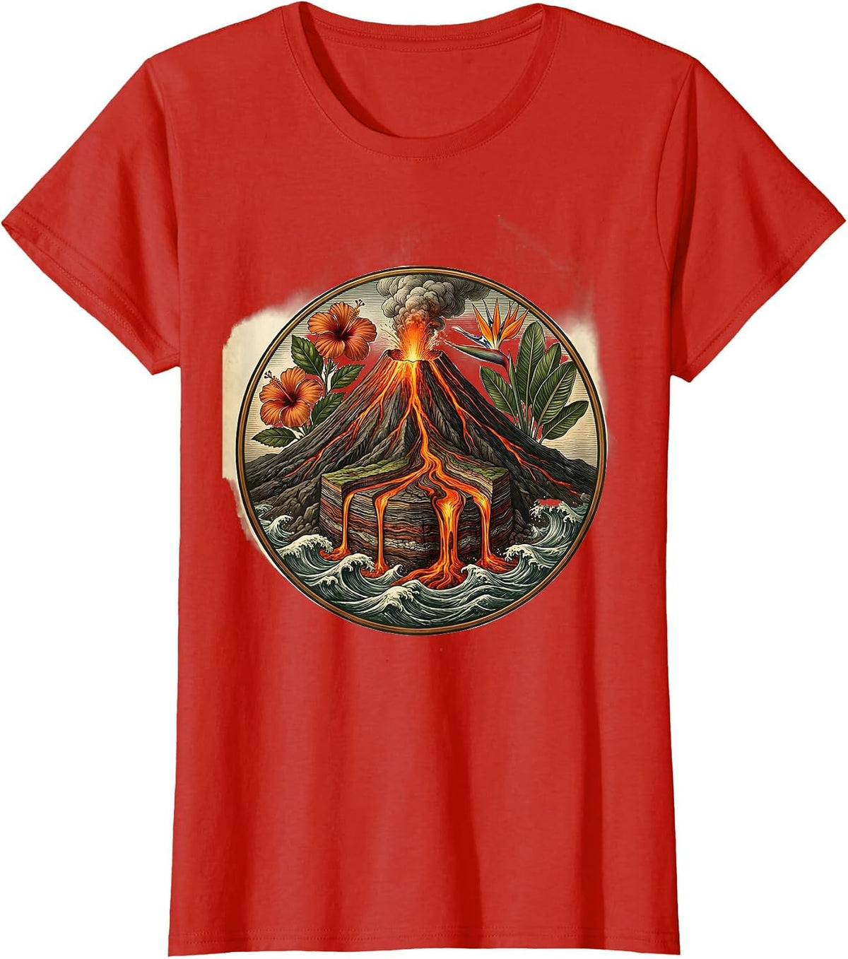 Hawaiian Erupting Volcano Lava Flow Graphic T-Shirt - Red