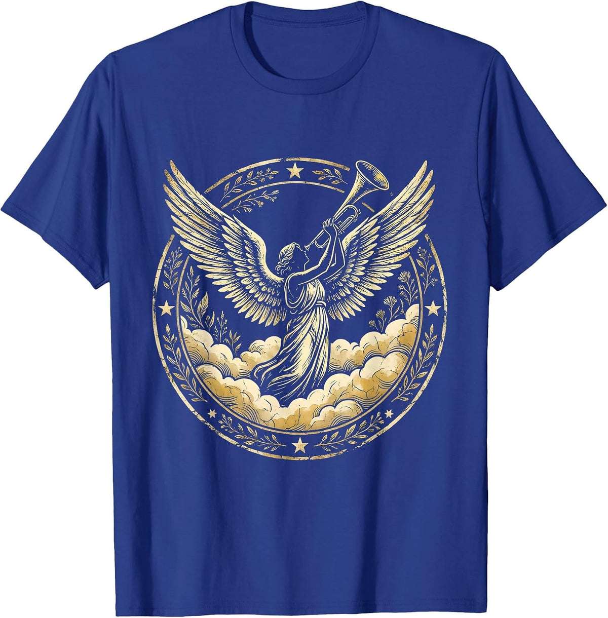 Make Heaven Crowded Trumpet Angel Clouds Design T-Shirt - Royal Blue