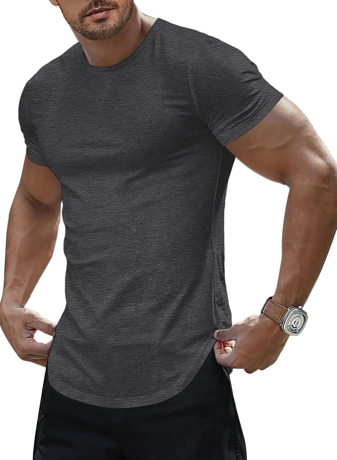 Mens Slim Fit Muscle Stretch Crewneck T-Shirt Summer Athlelic Shirts Longline Short Sleeve Tees Shirts - A Grey