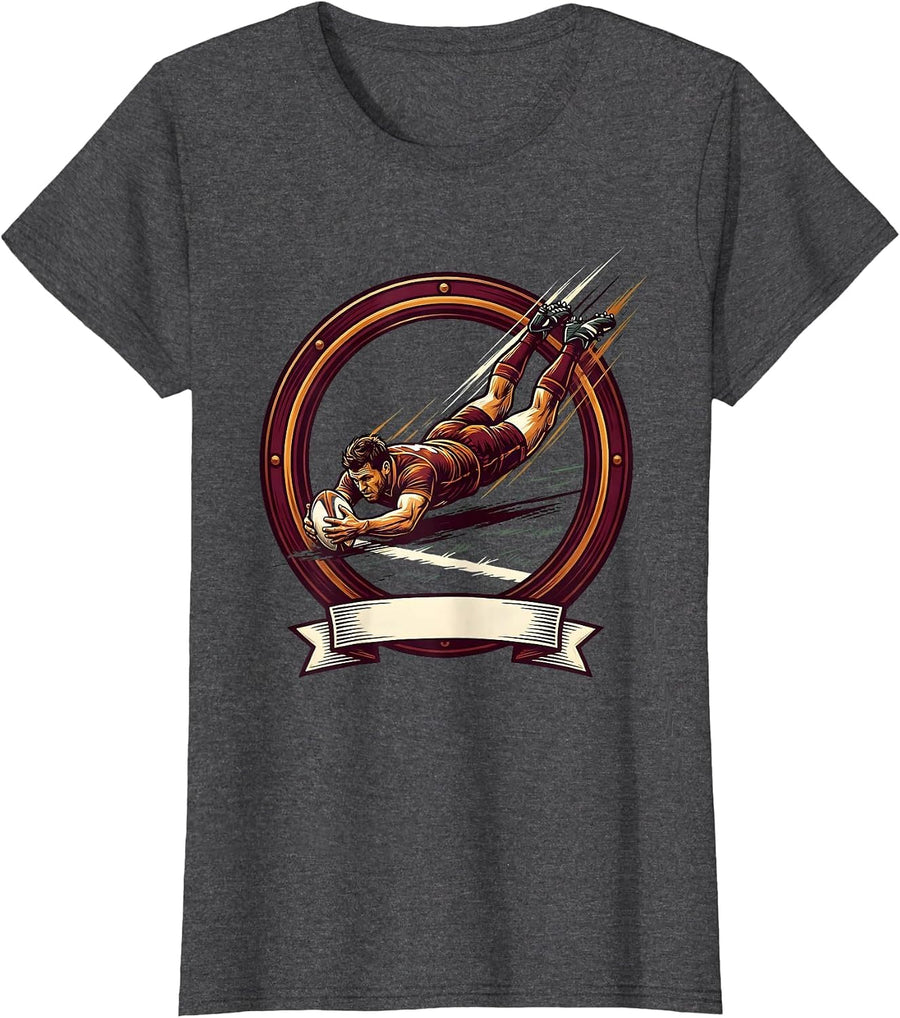 Women's Rugby Try Dive Graphic - Player Scoring Art T-Shirt - Dark Heather Grey