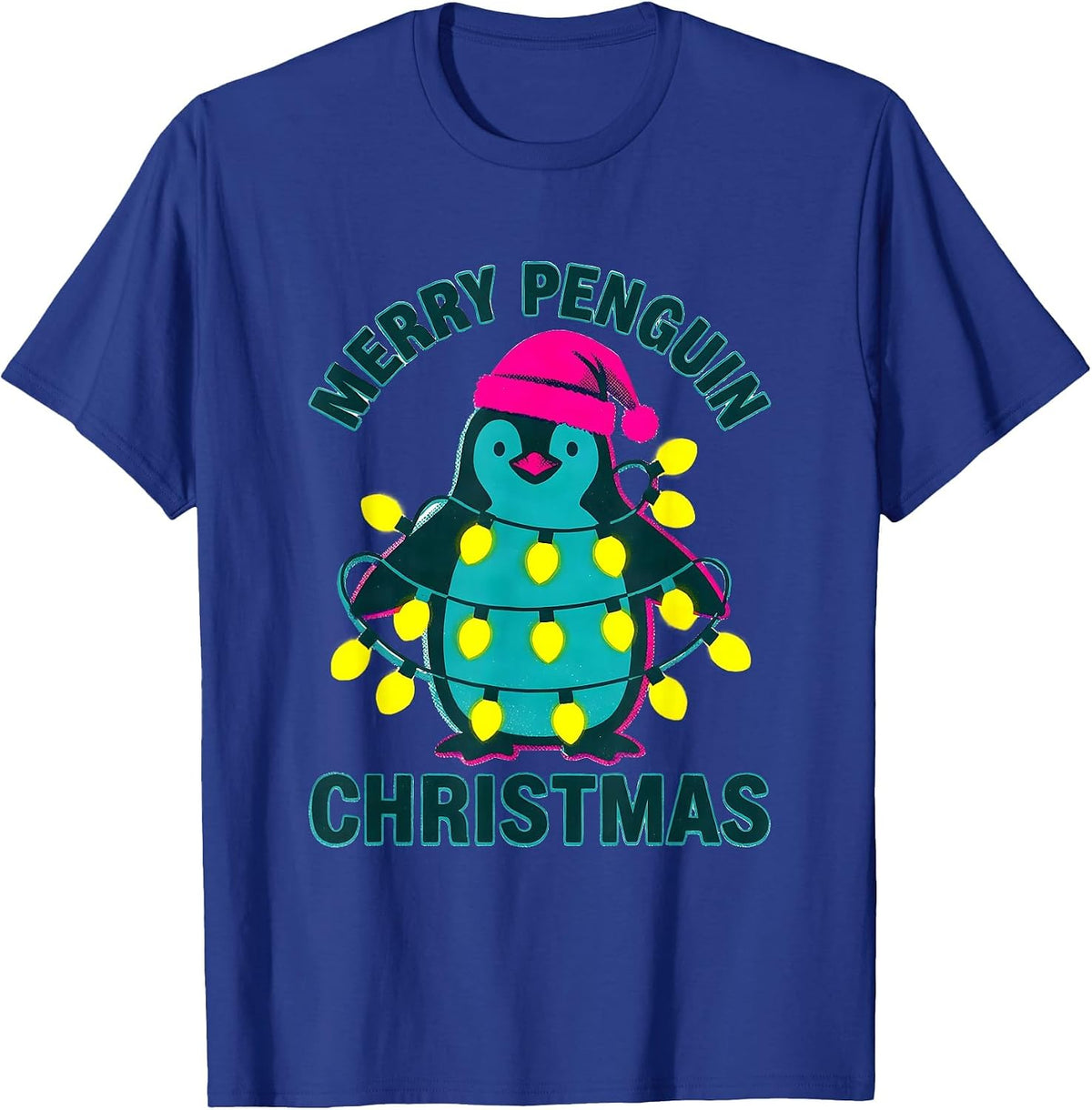 Men's Merry Penguin Christmas Funny Animal Lover Ugly Sweater T-Shirt - Royal Blue