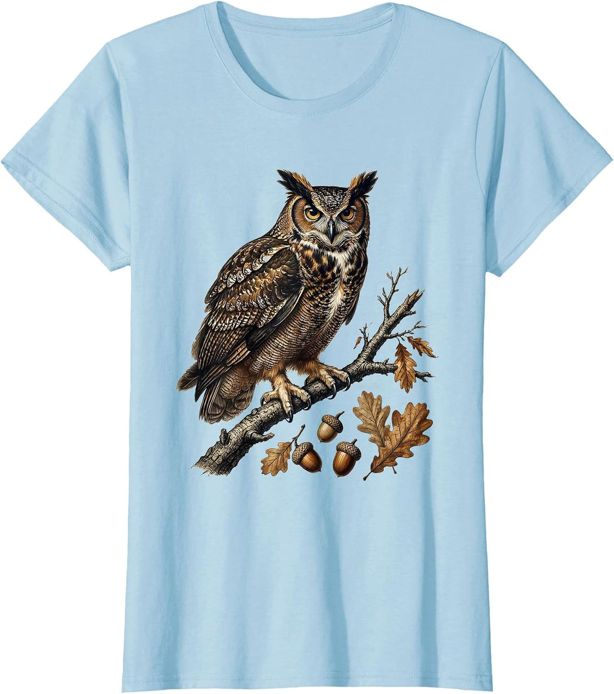 Owl on Moonlit Branch Fall Night Illustration T-Shirt - Baby Blue