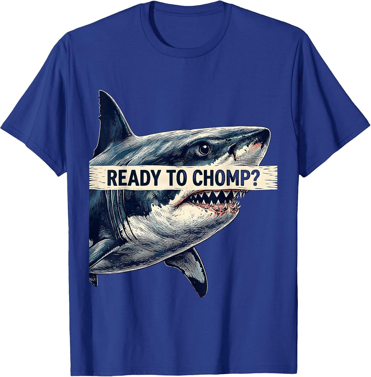 Men's Ready To Chomp Funny Shark Lover Ocean Humor Linocut T-Shirt - Royal Blue