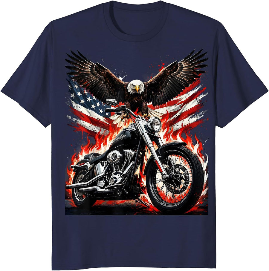 Vintage Motorcycle Flames and Eagle Wings USA Design T-Shirt - Navy Blue