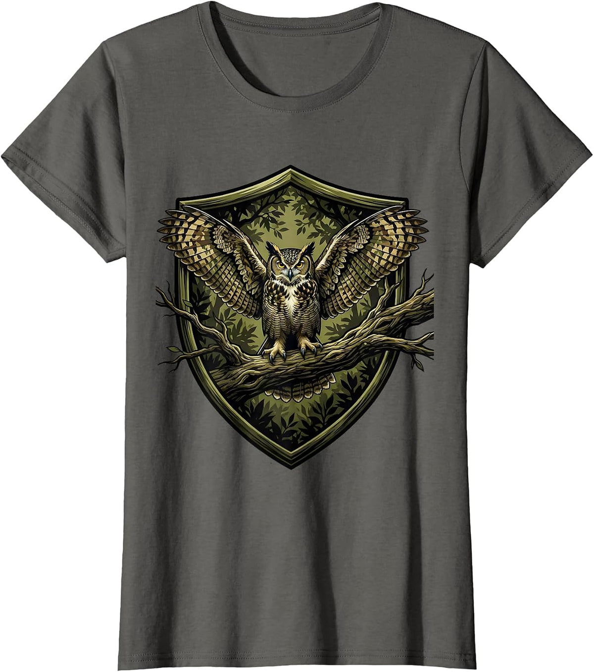 Women's Camo Owl Perched on Branch Night Scene T-Shirt - Asphalt Grey