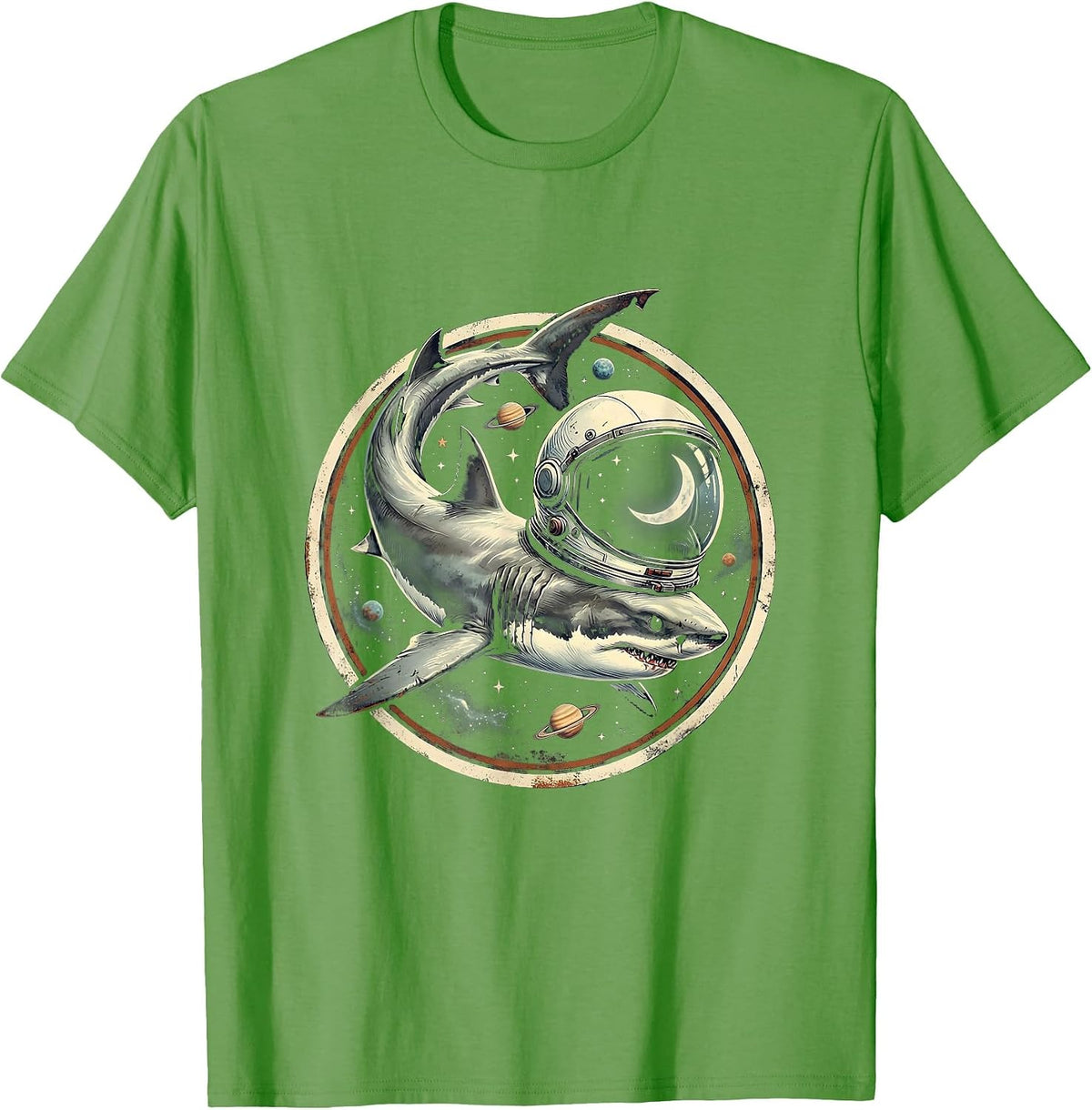 Men's Shark Astronaut Floating Through Outer Space T-Shirt - Grass Green