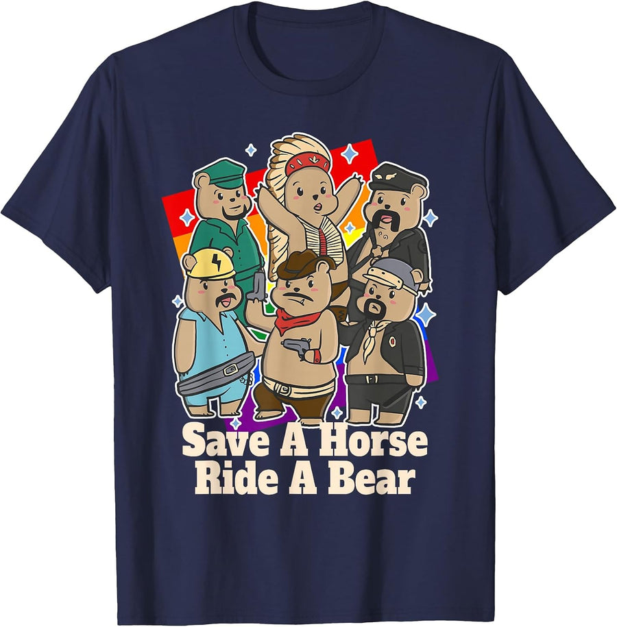Gay Bears Save Horse Ride A Bear Funny LGBT Pride Month T-Shirt - Navy Blue