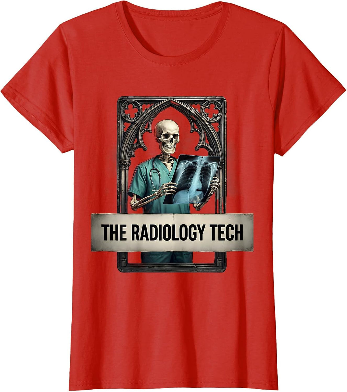 The Radiology Tech Vintage Tarot Halloween Skeleton Role T-Shirt - Red