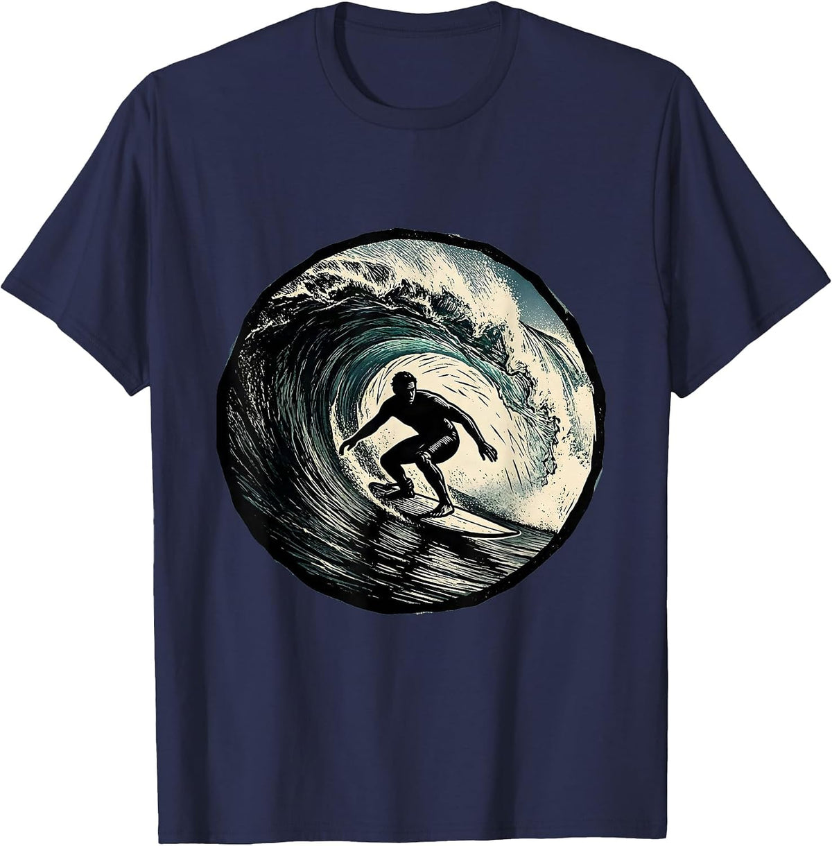 Hawaiian Surfer Riding Massive Curling Wave T-Shirt - Navy Blue