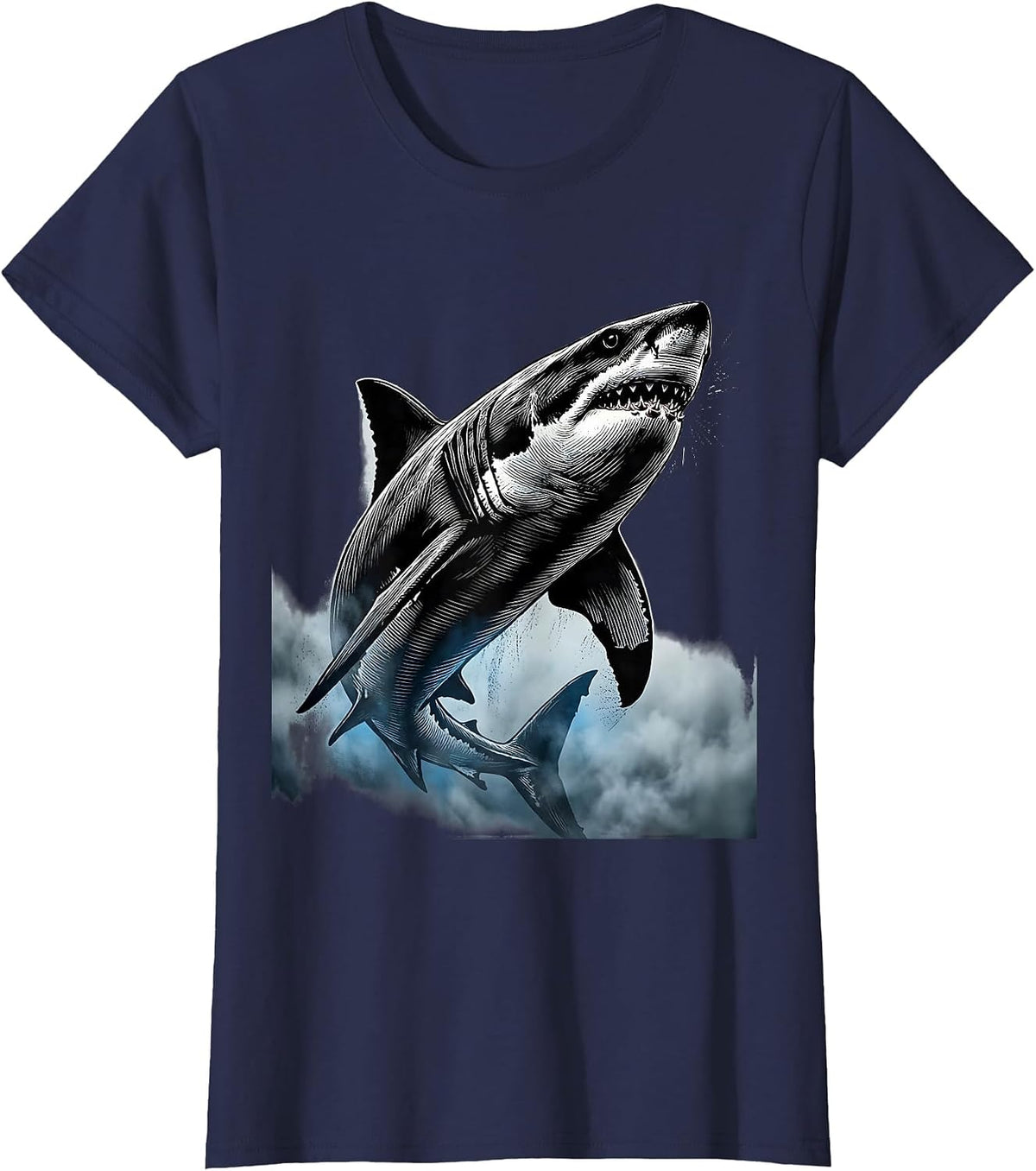 Women's Shark Emerging From Ocean Fog Illustration T-Shirt - Navy Blue