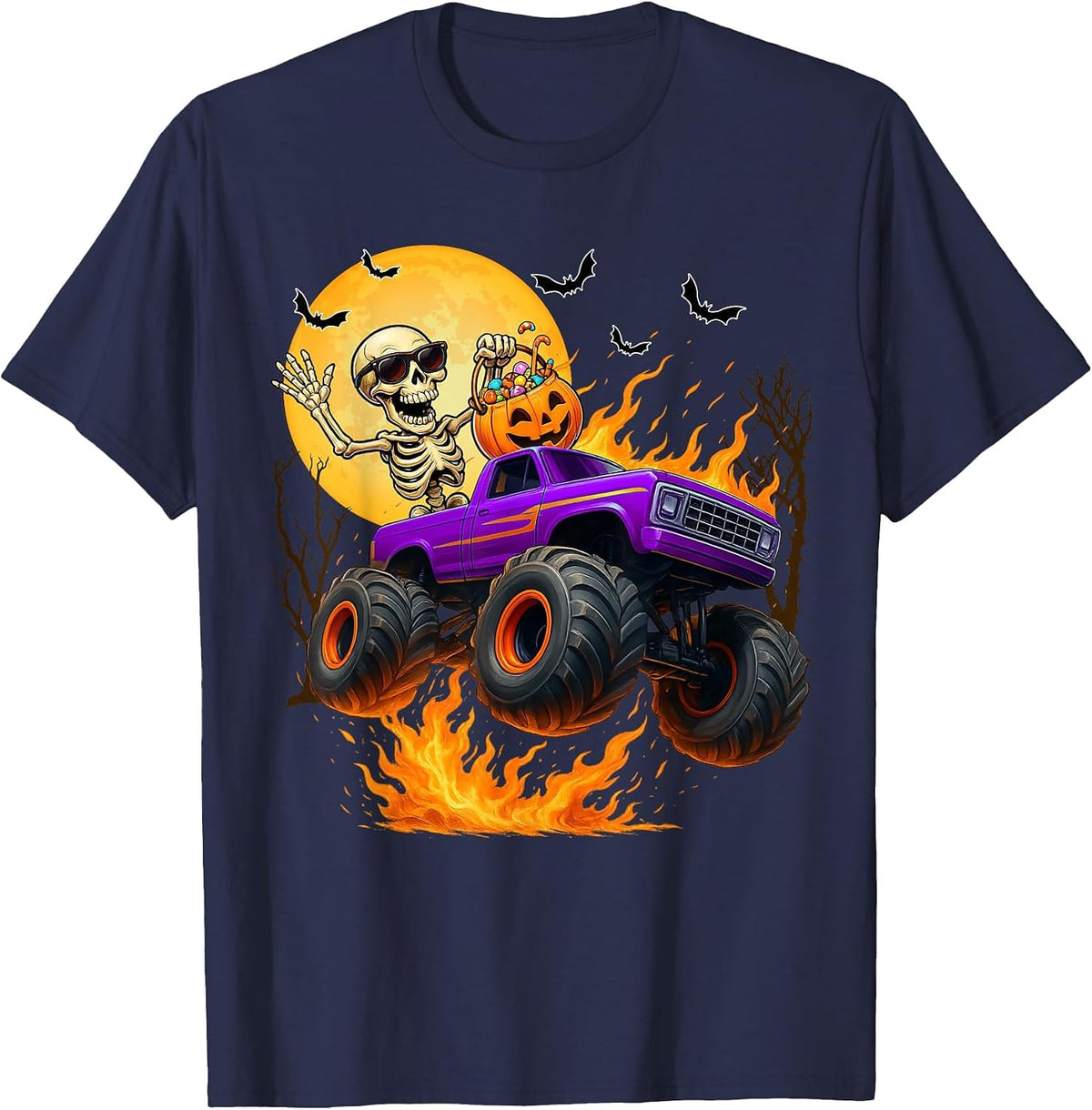Spooky Skeleton Riding Monster Truck Halloween Costumes Boy T-Shirt - Navy Blue